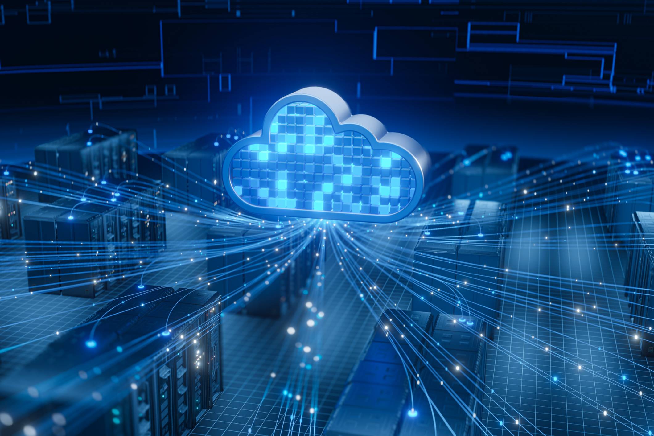Glowing cloud icon above networked server racks